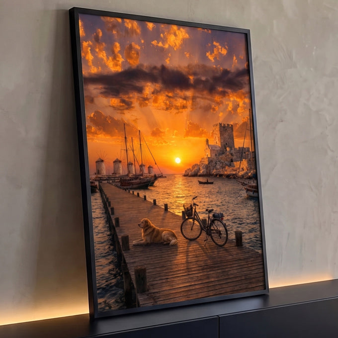 Golden retriever em cais de madeira com bicicleta, veleiros e fortaleza ao pôr do sol, quadro decorativo