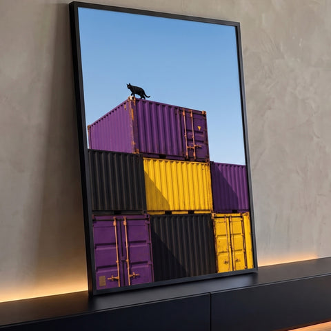 Gato preto caminhando no topo de containers roxos, amarelos e pretos sob céu azul, quadro decorativo