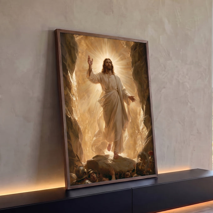 Quadro Decorativo Grande Jesus Cristo Ressurreição para Sala | quadros decorativos para sala | Jesus Cristo ressuscitado em túnica branca com halo de luz dourada saindo da caverna | Porao dos Quadros