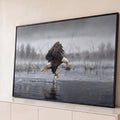 Quadro Decorativo Grande Águia Pescando para Sala Cinza | quadros decorativos para sala | águia-de-cabeça-branca capturando peixe na água com asas abertas em cena nublada | Porao dos Quadros