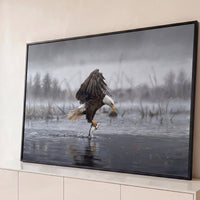 Quadro Decorativo Grande Águia com Peixe para Sala Cinza - Borda Infinita / 65x100cm