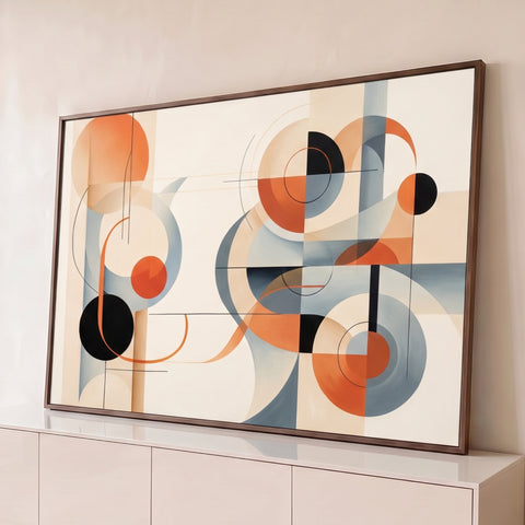Abstrato Bauhaus com círculos laranja, pretos e cinza sobre fundo bege, quadro decorativo