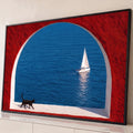 Quadro Decorativo Grande Gato Preto para Sala Vermelho | quadros decorativos para sala | gato preto caminhando em janela arqueada vermelha com veleiro navegando no mar azul | Porao dos Quadros