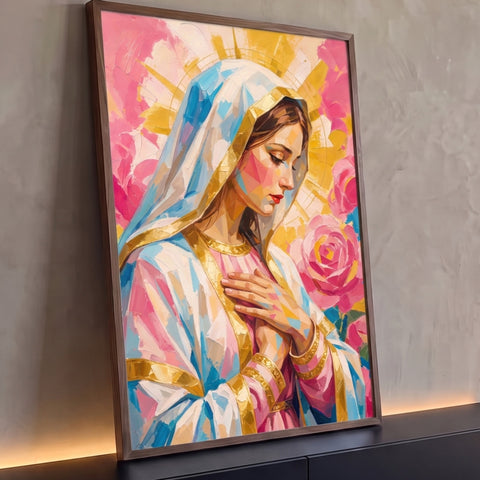 Quadro Decorativo Grande Nossa Senhora para Sala Rosa | quadros decorativos para sala | Nossa Senhora de perfil em oração, véu azul e dourado, rosas e raios ao fundo | Porao dos Quadros