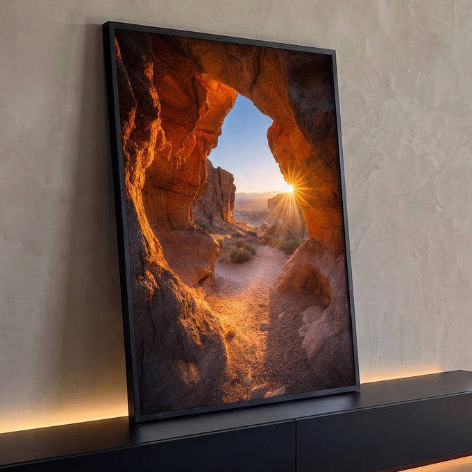 Gruta de arenito laranja no deserto com raios de sol atravessando a abertura, quadro decorativo