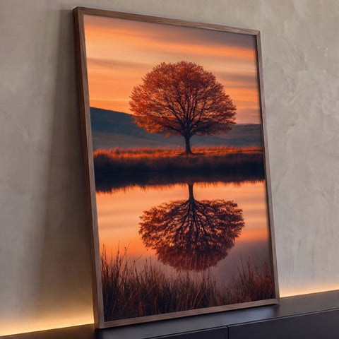 Árvore de folhas alaranjadas refletida em lago sereno ao pôr do sol, entre gramíneas, quadro decorativo