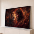 Quadro Decorativo Grande Leão e Jesus Laranja para Sala | quadros decorativos para sala | leão e rosto de Jesus com coroa de espinhos sobre fundo em chamas | Porao dos Quadros