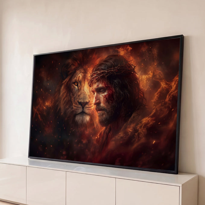Quadro Decorativo Grande Leão e Jesus Laranja para Sala | quadros decorativos para sala | leão e rosto de Jesus com coroa de espinhos sobre fundo em chamas | Porao dos Quadros
