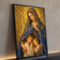 Quadro Decorativo Grande Nossa Senhora Crianças para Sala | quadros decorativos para sala | Nossa Senhora com véu azul dourado abraçando duas crianças em oração sobre fundo mosaico dourado | Porao dos Quadros