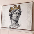 Quadro Decorativo Grande Busto Clássico para Sala Preto | quadros decorativos para sala | busto clássico fragmentado em nanquim preto e branco com coroa dourada ornamentada | Porao dos Quadros
