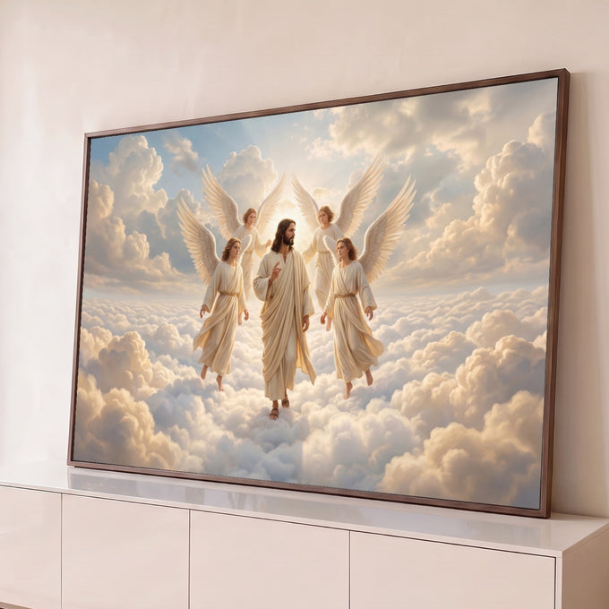 Jesus Cristo abençoando sobre nuvens brancas, cercado por quatro anjos de asas abertas, quadro decorativo