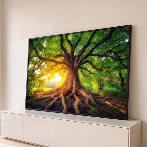 Árvore frondosa com raízes expostas e luz do sol entre folhas verdes na floresta, quadro decorativo