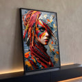Rosto de mulher com pintura facial colorida, penas e lenço vermelho em fundo texturizado, quadro decorativo
