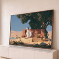 Quadro Decorativo Homem Árabe Sentado em Oásis no Deserto | quadros decorativos para sala | homem árabe sentado à sombra de uma árvore com oásis e dunas ao fundo | Porao dos Quadros