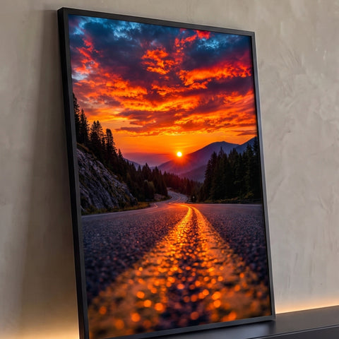 Estrada com faixa reluzente rumo ao pôr do sol laranja entre pinheiros e montanhas, quadro decorativo