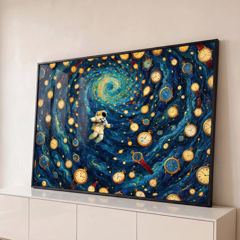 Astronauta flutuando em espiral azul cercado de relógios dourados, com pinceladas marcadas, quadro decorativo