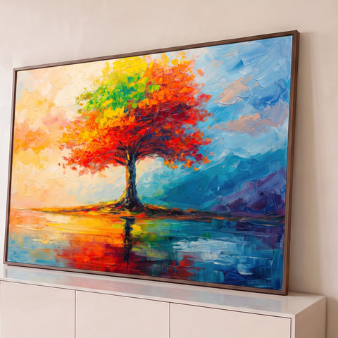 Árvore de copa laranja, vermelha e verde refletida em lago, pintura a óleo em espátula, quadro decorativo