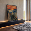 Quadro Decorativo Grande Grito Edvard para Sala Laranja | quadros decorativos para sala | figura gritando em ponte com céu vermelho e laranja intenso ao fundo | Porao dos Quadros