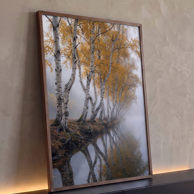 Quadro Decorativo Bétulas Douradas na Névoa Refletidas
