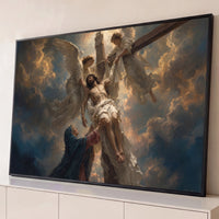 Quadro Decorativo Grande Descida da Cruz para Sala Azul - Borda Infinita / 65x100cm