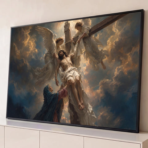 Pintura de Jesus descido da cruz por anjos com Maria aos pés sob céu azul e dourado, quadro decorativo