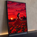 Mulher de vestido vermelho em campo de papoulas sob céu vermelho ao pôr do sol, quadro decorativo