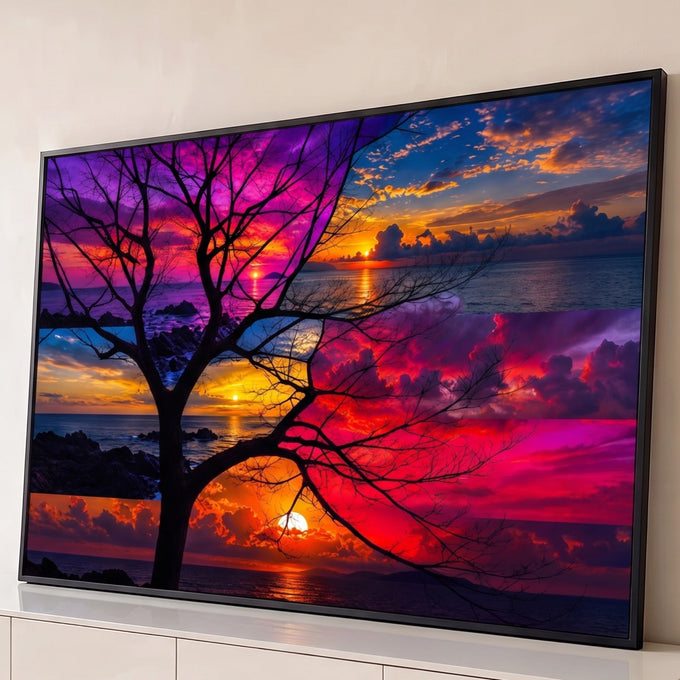 Quadro Decorativo Grande Árvore Silhueta para Sala Roxo | quadros decorativos para sala | silhueta de árvore sem folhas contra céu em faixas de pôr do sol roxo laranja e vermelho | Porao dos Quadros