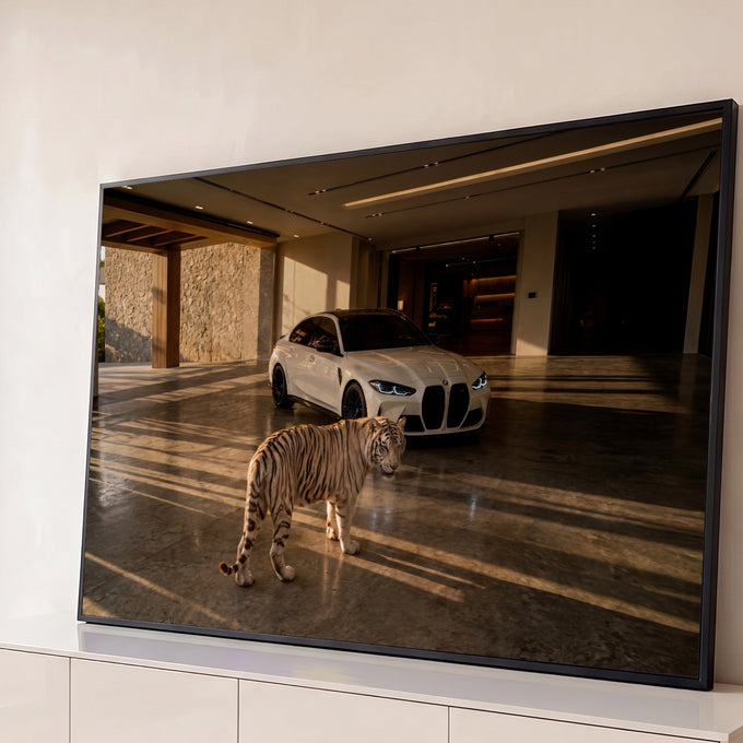 Quadro Decorativo Grande Tigre e Carro para Sala Branco | quadros decorativos para sala | tigre branco caminhando à frente de carro esportivo branco em garagem moderna | Porao dos Quadros