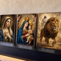 Quadro Decorativo Kit 3 Telas Nossa Senhora Jesus para Sala | quadros decorativos para sala | Nossa Senhora com Menino Jesus, anjos e Jesus junto a um leão coroado | Porao dos Quadros