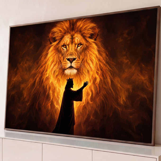 Quadro Decorativo Grande Leão em Chamas para Sala Dourado | quadros decorativos para sala | leão com juba em chamas douradas e silhueta de rei coroado ao fundo escuro | Porao dos Quadros