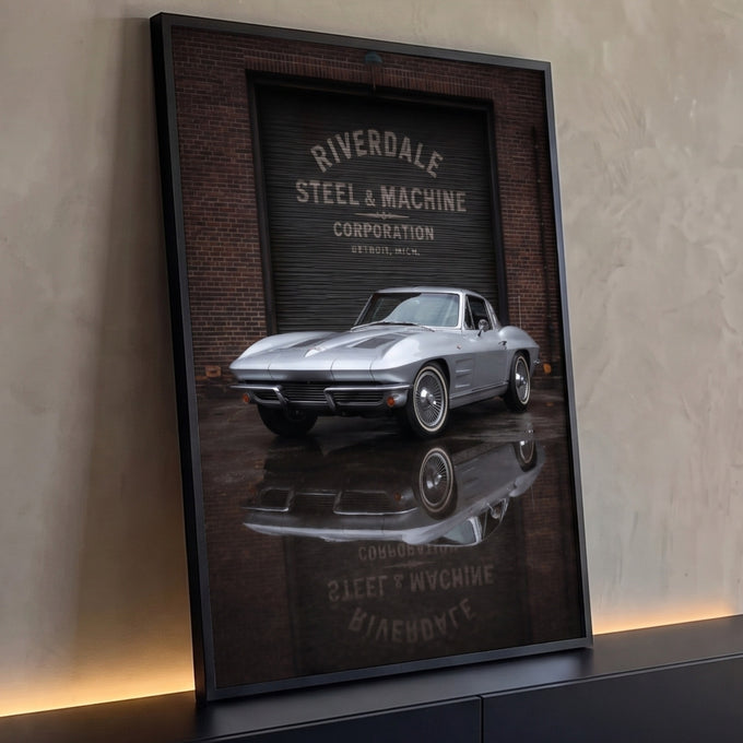 Corvette clássico prata diante de portão de garagem em tijolo, refletido no chão molhado, quadro decorativo