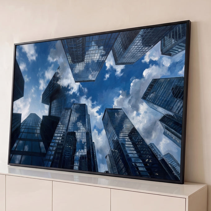 Pintura de arranha-céus espelhados vistos de baixo refletindo céu azul e nuvens, quadro decorativo