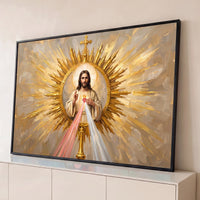 Quadro Decorativo Grande Jesus Ostensório para Sala Dourado - Borda Infinita / 65x100cm