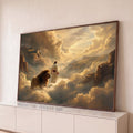 Quadro Decorativo Grande Homem de Manto Dourado para Sala | quadros decorativos para sala | figura de manto branco caminhando com leão sobre nuvens douradas e montanhas ao fundo | Porao dos Quadros