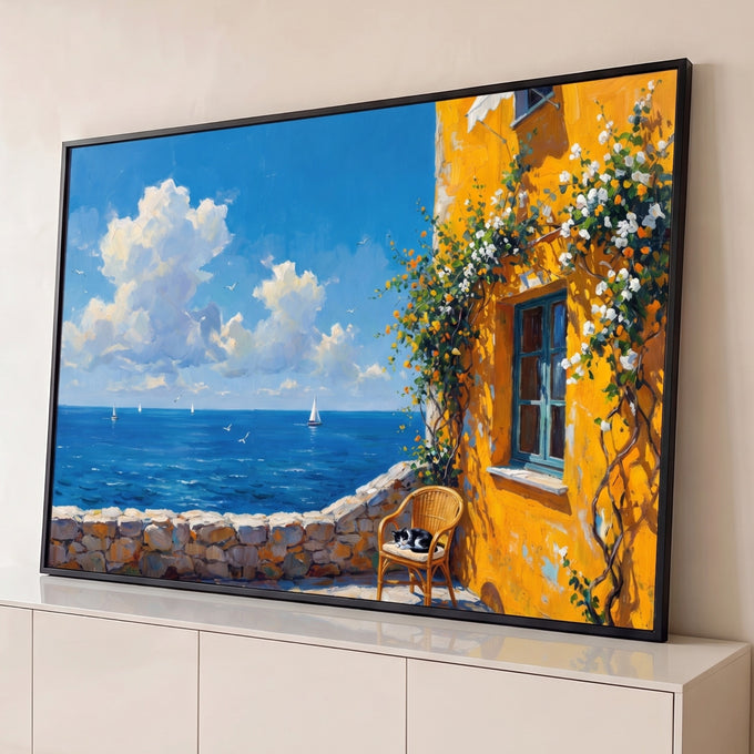Quadro Decorativo Grande Casa Amarela para Sala Amarelo | quadros decorativos para sala | casa amarela com flores, janela azul, gato dormindo e veleiros no mar | Porao dos Quadros
