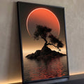 Árvore bonsai em silhueta sobre ilha rochosa, eclipse laranja e reflexo no mar escuro, quadro decorativo