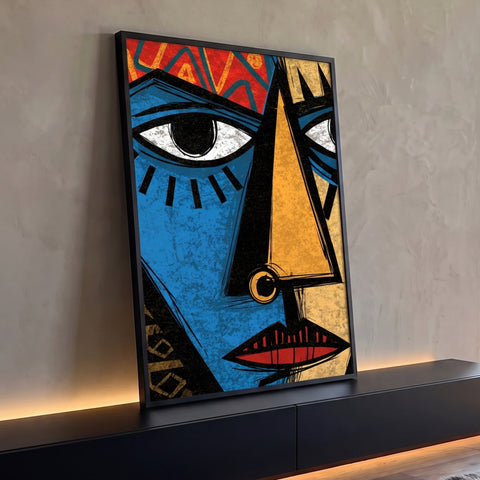 Rosto cubista estilizado em azul e ocre com lábios vermelhos e padrões tribais, quadro decorativo