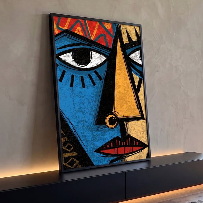 Quadro Decorativo Máscara Tribal Azul e Dourada | quadros decorativos para sala | rosto estilizado tribal dividido em azul e dourado com olhos grandes e boca vermelha | Porao dos Quadros