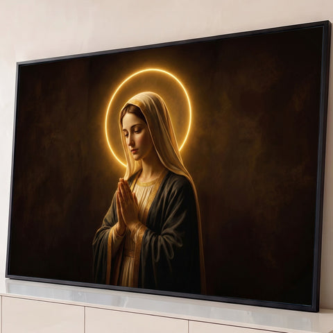 Nossa Senhora de mãos postas em oração com halo dourado luminoso e fundo marrom escuro, quadro decorativo