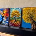 Quadro Decorativo Kit 3 Telas Árvore para Sala Amarelo | quadros decorativos para sala | árvore em três cenas: silhueta ao pôr do sol, pintura amarela impressionista e foto outonal | Porao dos Quadros