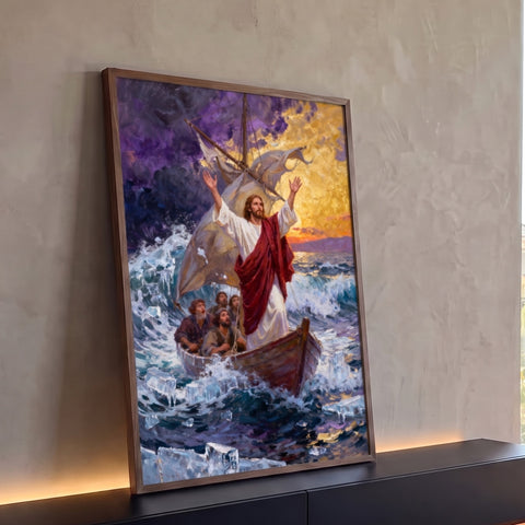 Jesus de braços abertos no barco acalmando a tempestade, discípulos e céu roxo e dourado, quadro decorativo