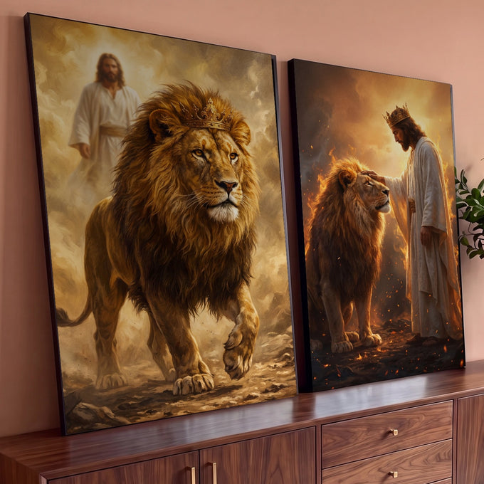Quadro Decorativo Kit 2 Telas Leão Coroado para Sala Dourado | quadros decorativos para sala | leão coroado e figura de Jesus em cenário dourado e chamas | Porao dos Quadros