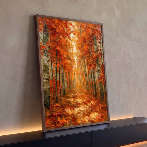 Quadro Decorativo Caminho na Floresta de Outono com Luz | quadros decorativos para sala | floresta de outono com caminho de folhas e luz dourada ao fundo entre árvores | Porao dos Quadros