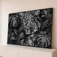 Quadro Decorativo Grande Leopardo na Folhagem para Sala - Borda Infinita / 65x100cm