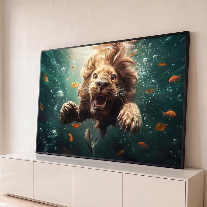 Quadro Decorativo Grande Leão Nadando Verde para Sala | quadros decorativos para sala | leão rugindo nadando debaixo d'água cercado de bolhas, folhas e peixes laranja | Porao dos Quadros