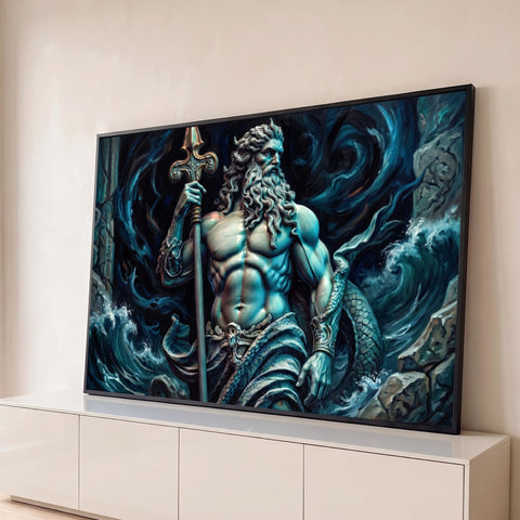 Poseidon musculoso de barba longa segurando tridente entre ondas azuis, pintura a óleo, quadro decorativo