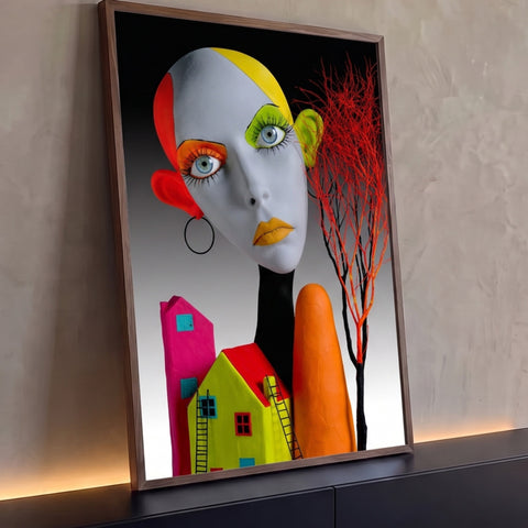 Escultura de rosto feminino com maquiagem colorida, casinhas e árvore vermelha, quadro decorativo