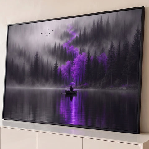 Barco com guarda-chuva roxo em lago enevoado, floresta de pinheiros e árvores roxas, quadro decorativo