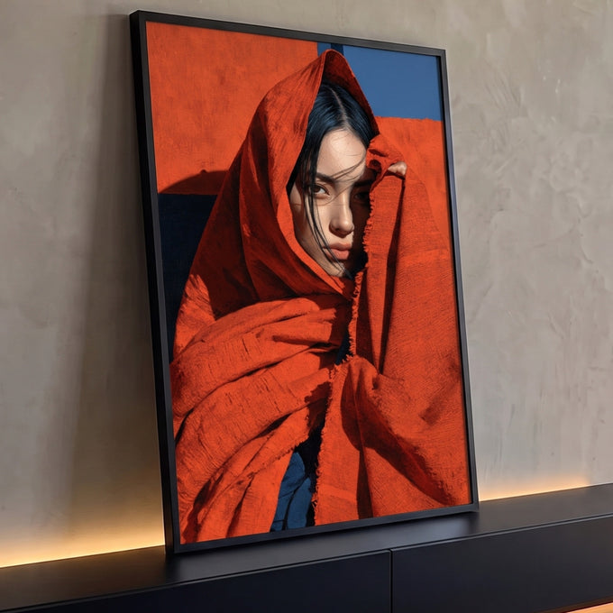 Quadro Decorativo Mulher Envolta em Manto Laranja | quadros decorativos para sala | mulher envolta em manto laranja texturizado com fundo azul e laranja | Porao dos Quadros