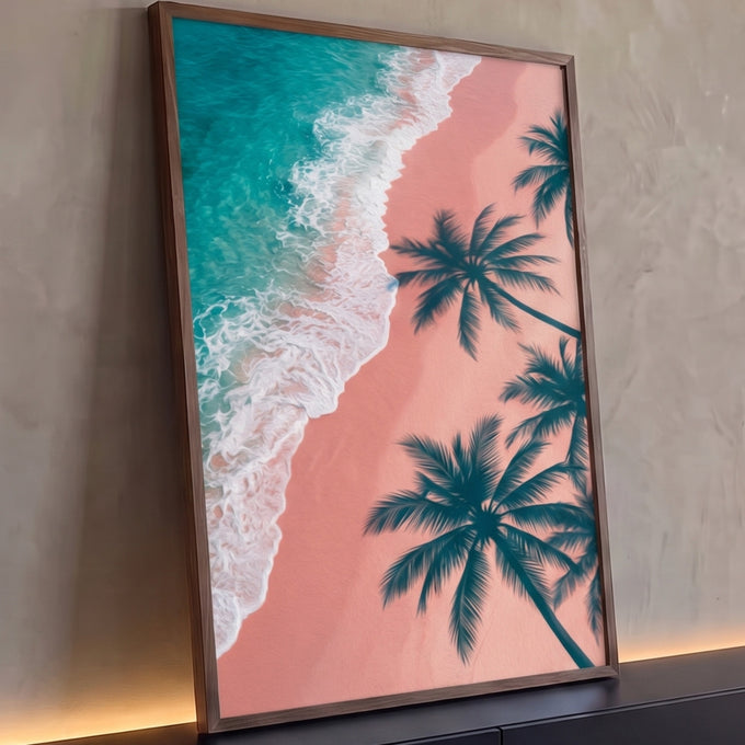 Quadro Decorativo Grande Praia Tropical para Sala Azul | quadros decorativos para sala | vista aérea de praia com mar turquesa, areia rosa e palmeiras em silhueta | Porao dos Quadros